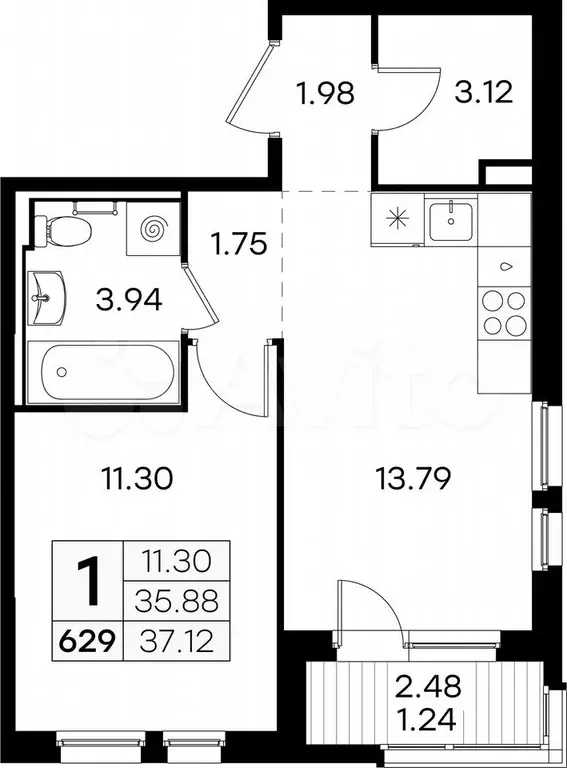 1-к. квартира, 37,1 м, 3/9 эт. - Фото 0
