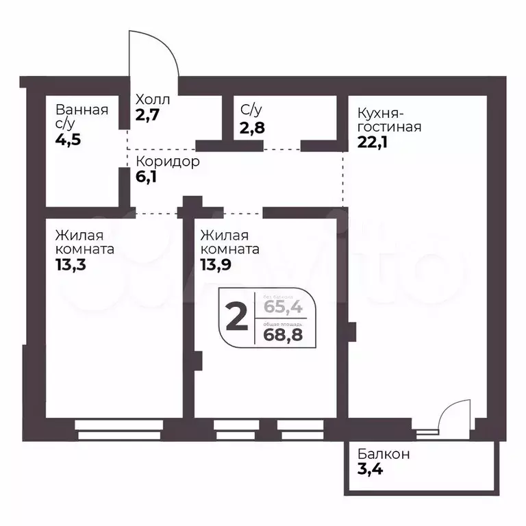 2-к. квартира, 65,4 м, 5/9 эт. - Фото 0