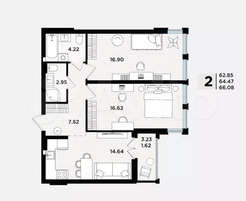 2-к. квартира, 66,1 м, 2/5 эт. - Фото 1