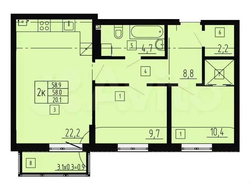 2-к. квартира, 58,9 м, 4/9 эт. - Фото 1
