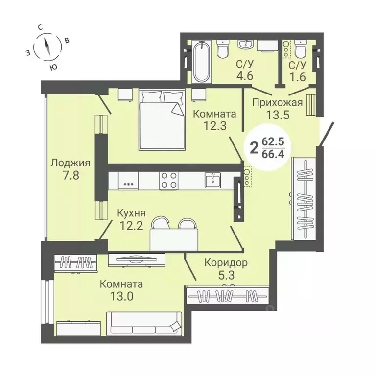 2-к кв. Новосибирская область, Новосибирск ул. Петухова, 172 (66.4 м) - Фото 0