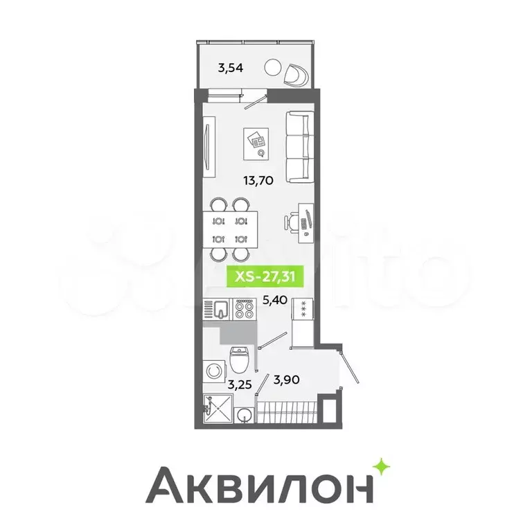 Квартира-студия, 27,3 м, 12/12 эт. - Фото 1