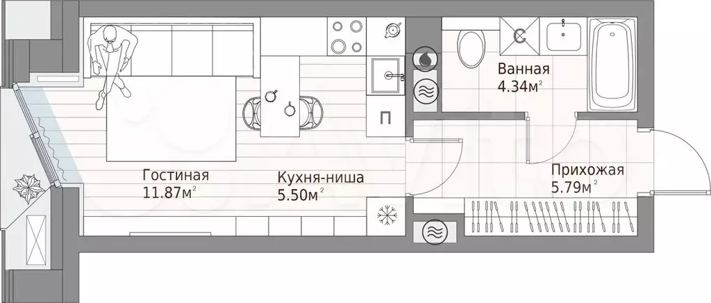 Квартира-студия, 27,5м, 6/10эт. - Фото 1