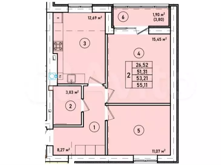 2-к. квартира, 55,1 м, 4/7 эт. - Фото 1
