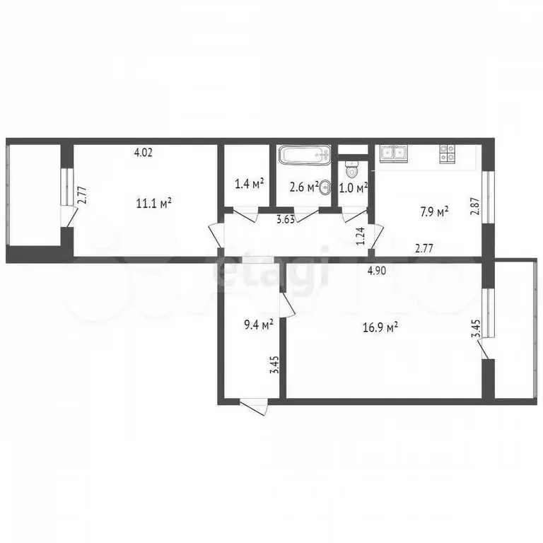 2-к. квартира, 52 м, 1/5 эт. - Фото 0