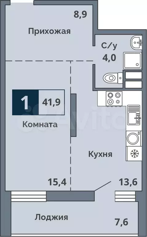 1-к. квартира, 41,9 м, 1/15 эт. - Фото 0