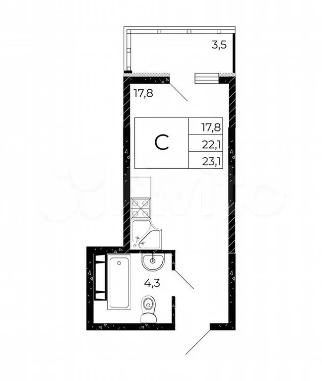 Квартира-студия, 23,1 м, 5/15 эт. - Фото 1