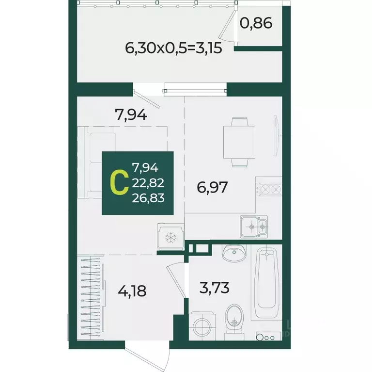 Студия Краснодарский край, Краснодар Образцово мкр,  (26.83 м) - Фото 1