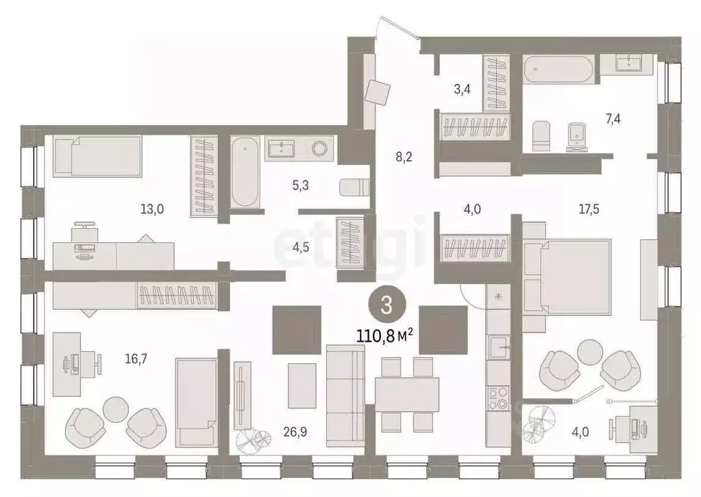 3-к кв. Тюменская область, Тюмень Мысовская ул., 26к1 (110.0 м) - Фото 0