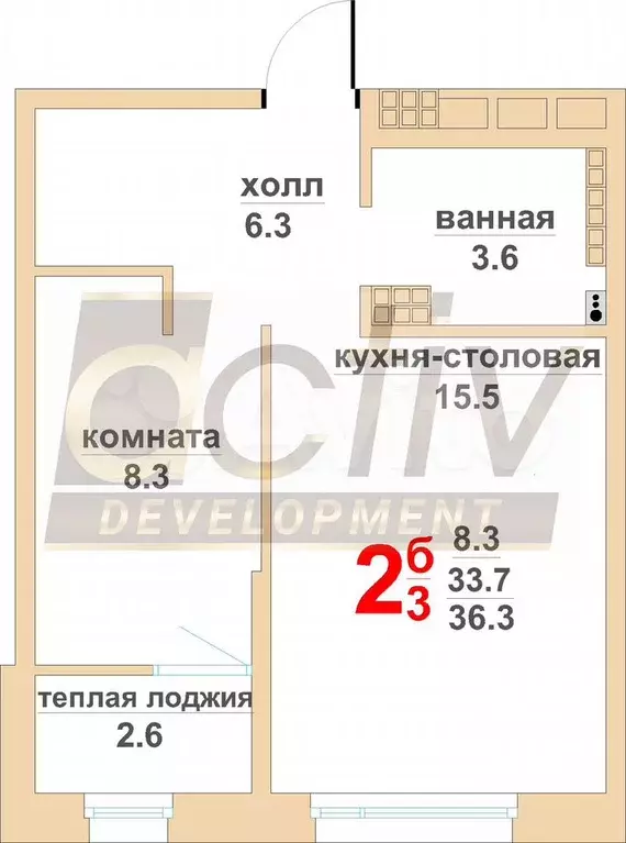 2-к. квартира, 36,3 м, 7/16 эт. - Фото 0
