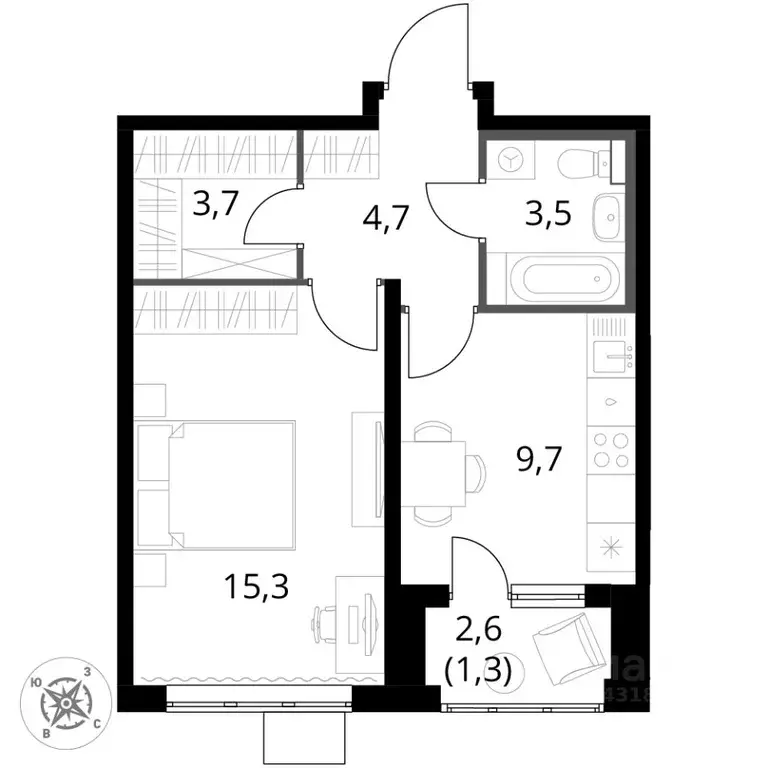 1-к кв. Московская область, Ленинский городской округ, д. Сапроново ... - Фото 2