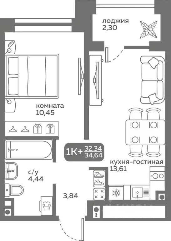 1-к кв. тюменская область, тюмень ул. вадима бованенко, 10 (32.34 м) - Фото 0