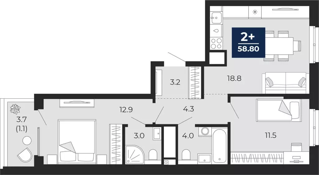 2-комнатная квартира: Тюмень, проезд Капитана Куликова, 7 (61.4 м) - Фото 1
