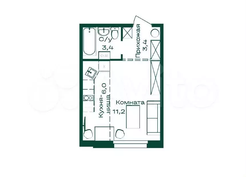 2-к. квартира, 24м, 3/8эт. - Фото 1