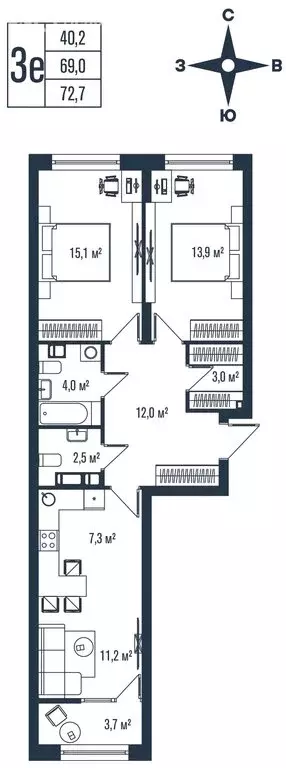 3-комнатная квартира: Владивосток, улица Тухачевского, 33к2 (72.7 м) - Фото 1
