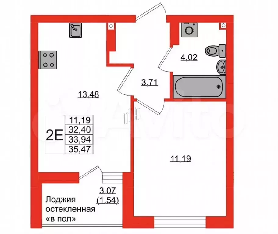 1-к. квартира, 33,9 м, 9/9 эт. - Фото 1