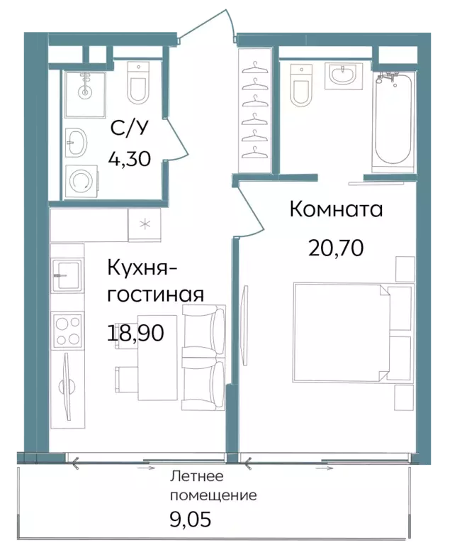 2-к квартира, 52.95 м - Фото 0