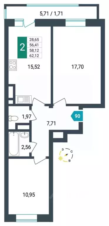 2-к кв. Забайкальский край, Чита ул. Бабушкина, 42Б (58.12 м) - Фото 0