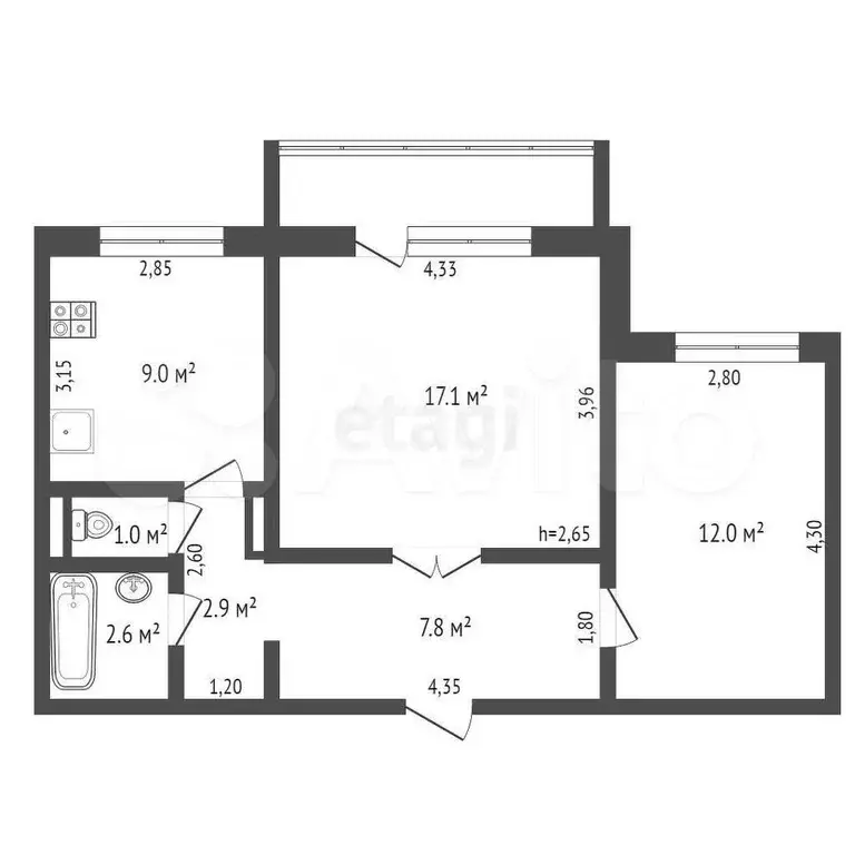 2-к. квартира, 52,4 м, 5/5 эт. - Фото 0