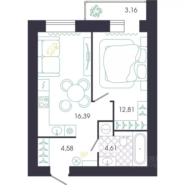 1-к кв. Пензенская область, Пенза Колышлейская ул., 7 (40.79 м) - Фото 1
