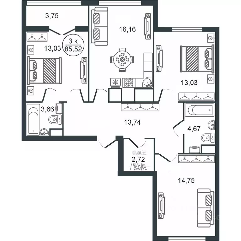 3-к кв. Тверская область, Тверь Южный мкр,  (85.52 м) - Фото 0