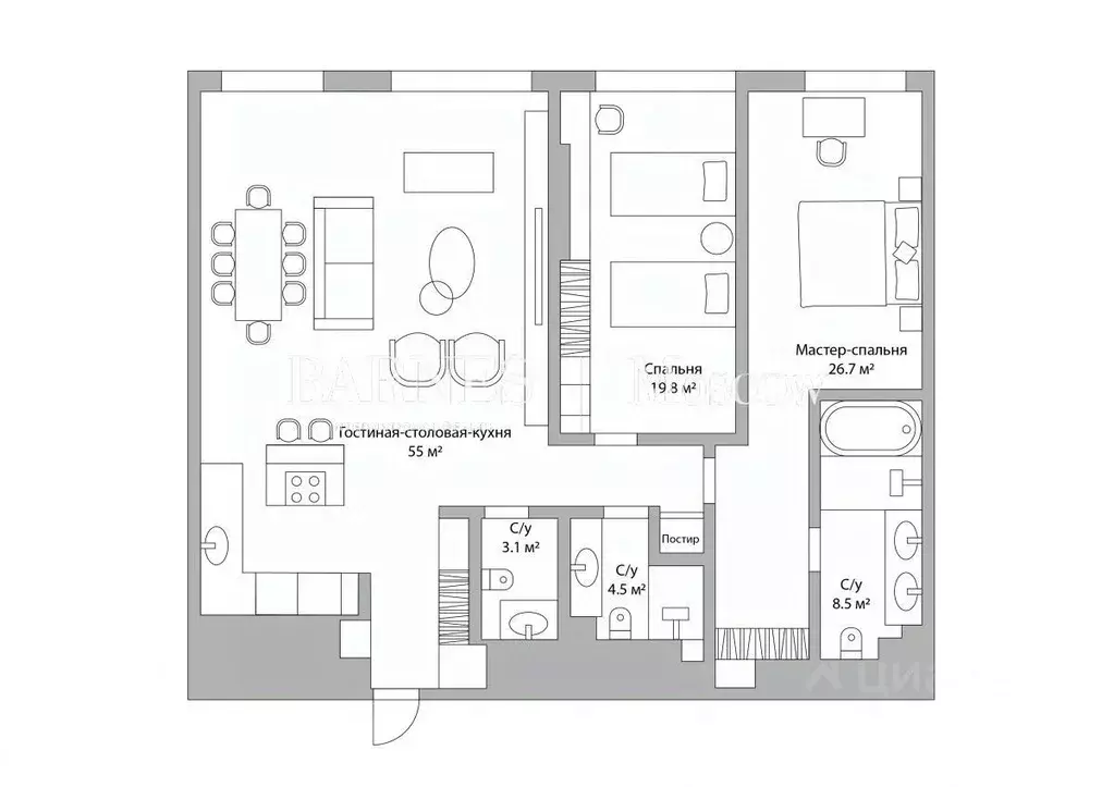 3-к кв. Москва Поклонная ул., 9 (129.0 м) - Фото 2
