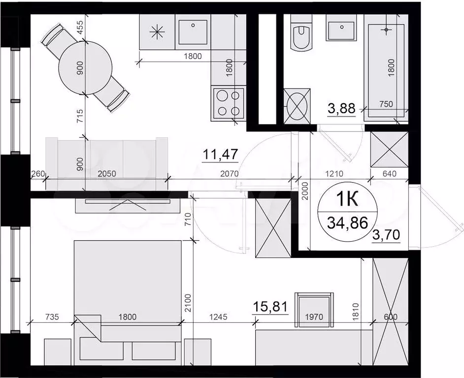 1-к. квартира, 34,9 м, 5/7 эт. - Фото 0