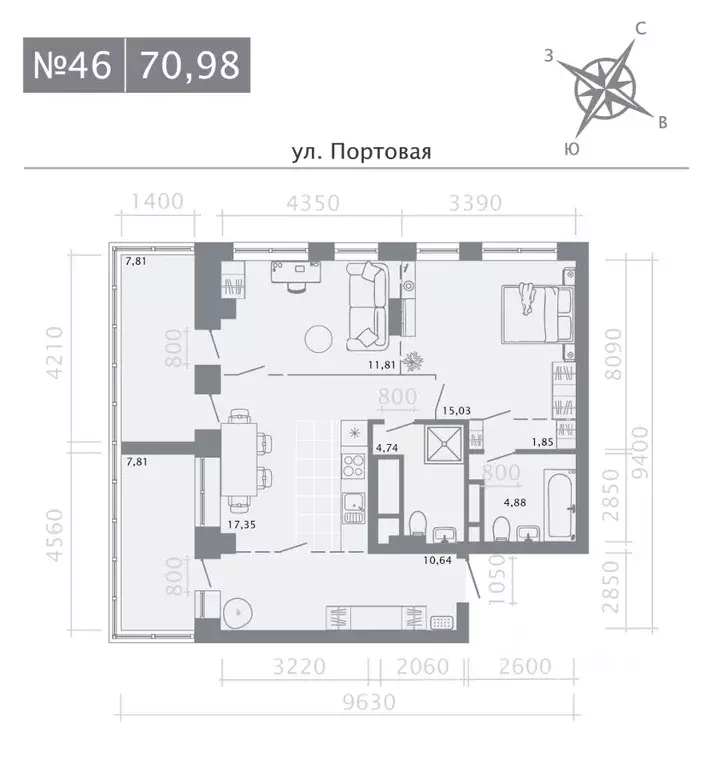 2-к кв. Татарстан, Казань Живи на Портовой жилой комплекс (70.98 м) - Фото 0