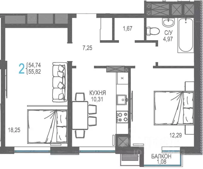 2-к кв. Крым, Симферопольский район, Гвардейское пгт, Республика жилой ... - Фото 1