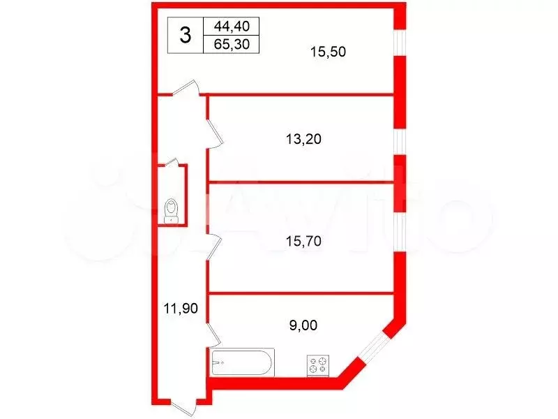 3-к. квартира, 65,3 м, 5/6 эт. - Фото 0