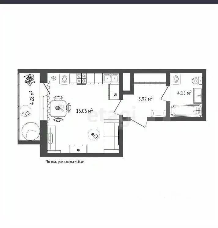 Студия Тюменская область, Тюмень ул. Фармана Салманова, 10 (26.0 м) - Фото 2