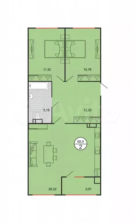 2-к. квартира, 69 м, 5/5 эт. - Фото 0