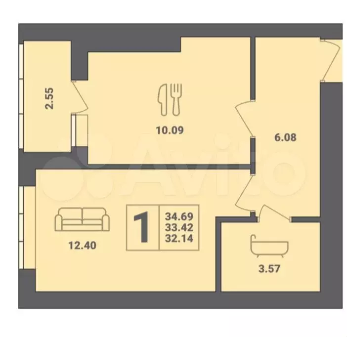 1-к. квартира, 34 м, 5/6 эт. - Фото 0