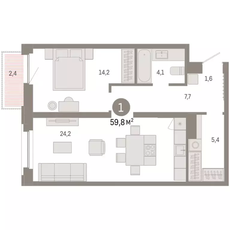 1-комнатная квартира: Тюмень, Мысовская улица, 26к2 (59.76 м) - Фото 1