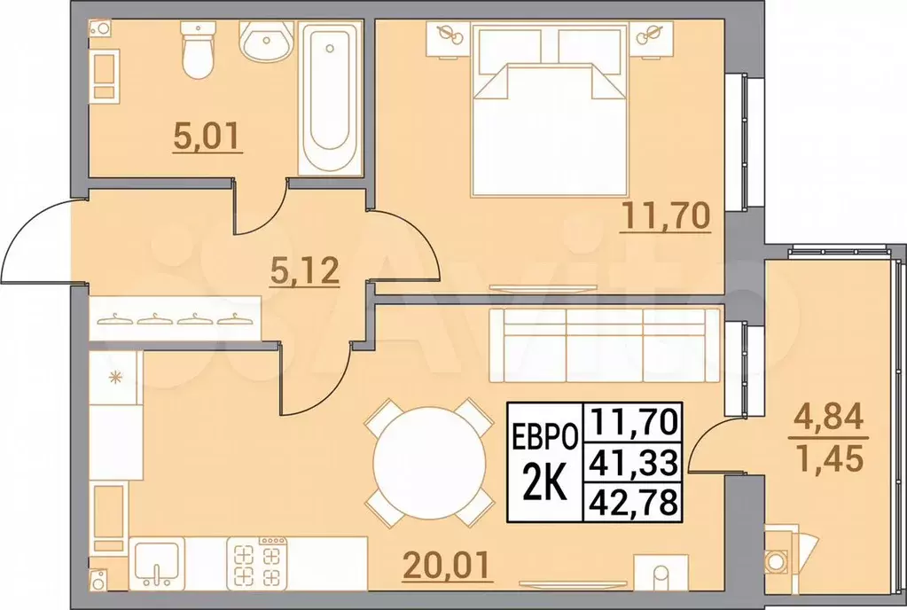 1-к. квартира, 42,8 м, 2/8 эт. - Фото 0