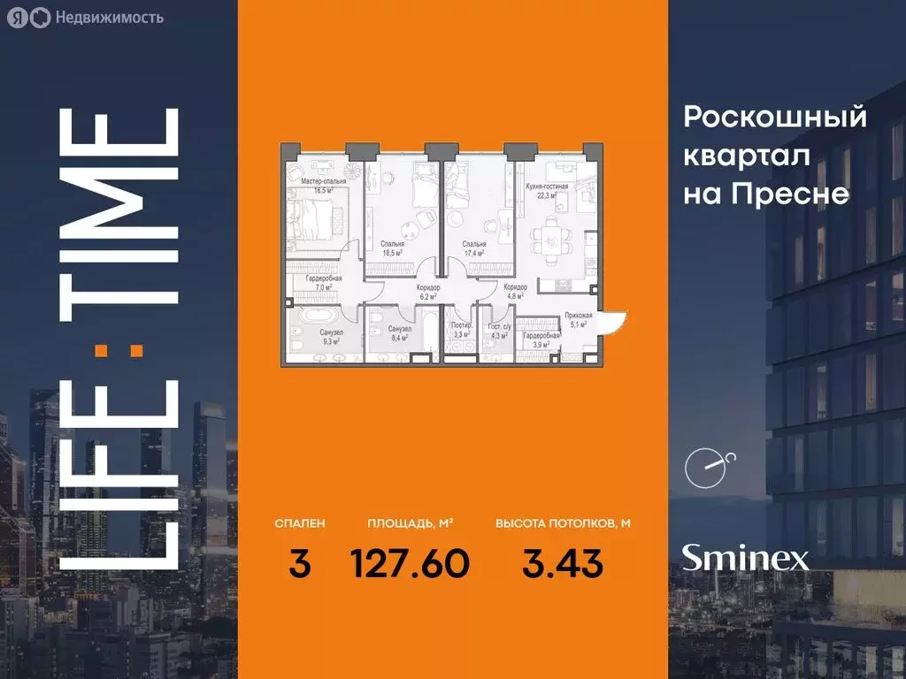 3-комнатная квартира: Москва, жилой комплекс Лайф Тайм (127.6 м) - Фото 1