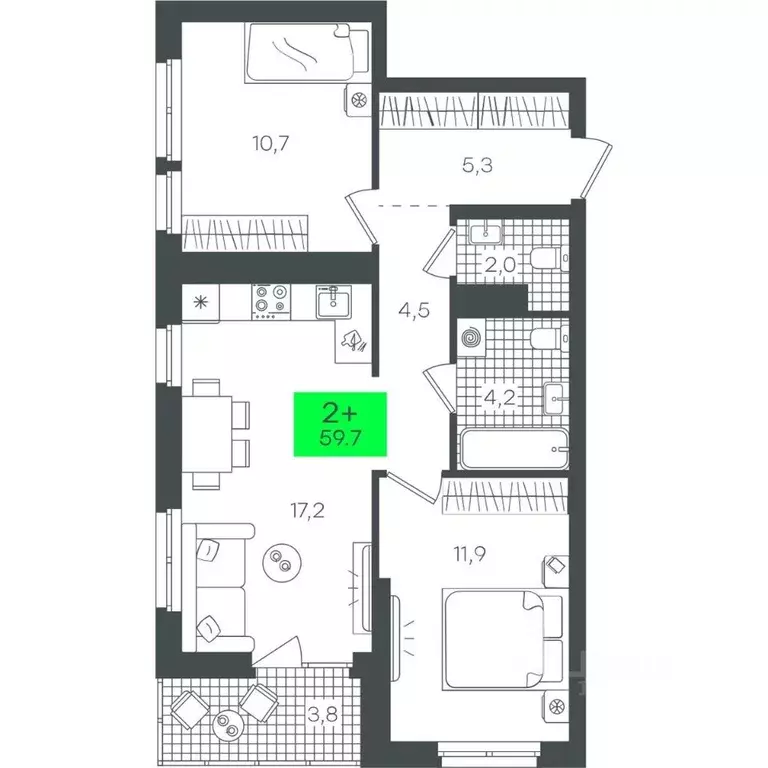 2-к кв. Тюменская область, Тюмень ул. Василия Малкова, 15 (59.75 м) - Фото 0