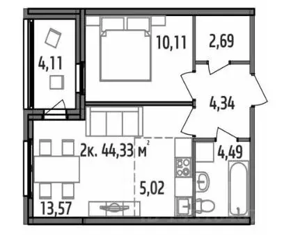 2-к кв. Карелия, Петрозаводск ул. Ригачина, 38А (44.33 м) - Фото 1