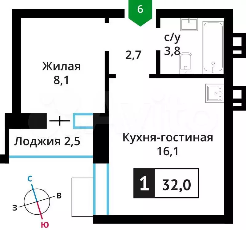 1-к. квартира, 32 м, 2/6 эт. - Фото 0