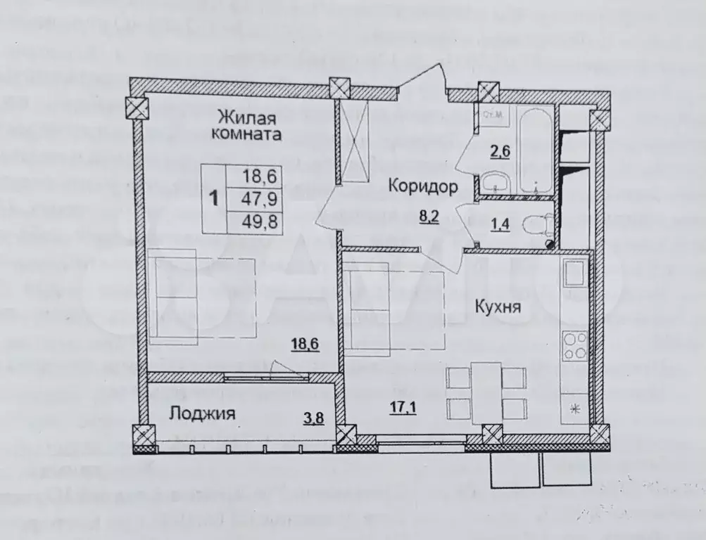 1-к. квартира, 47,9 м, 5/10 эт. - Фото 0