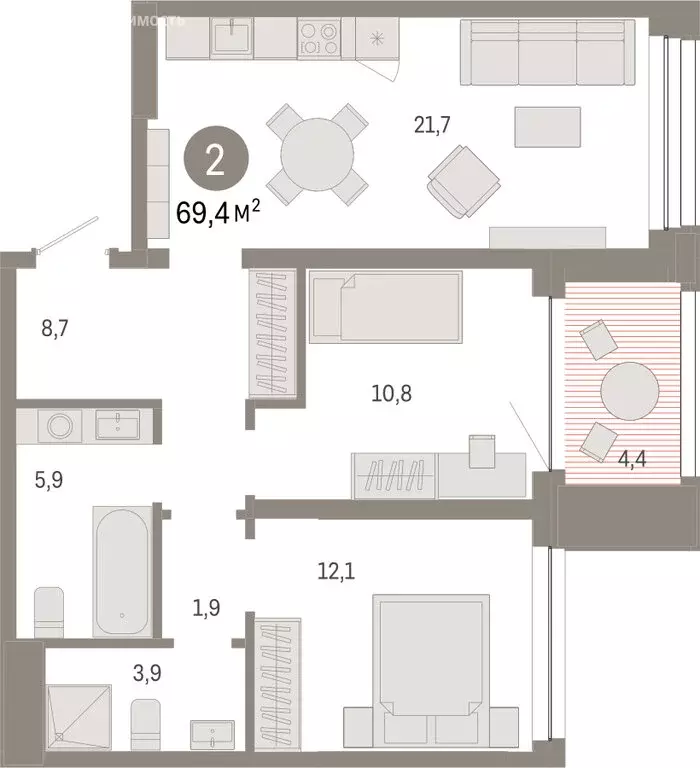 2-комнатная квартира: Тюмень, улица Муравленко, 9/2 (69.37 м) - Фото 1