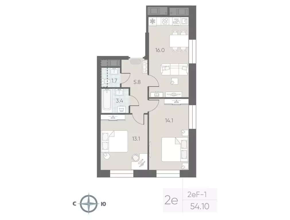 2-к квартира, 54.1 м - Фото 0