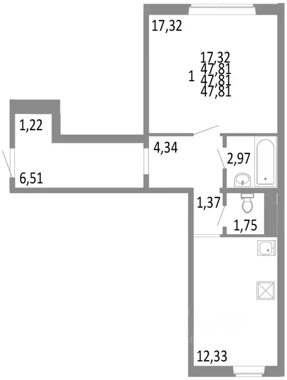 1-к кв. Челябинская область, Челябинск ул. Блюхера, 125В (47.81 м) - Фото 0