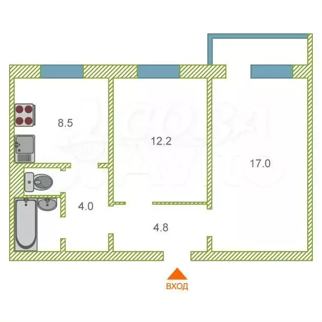 2-к. квартира, 49,4 м, 8/9 эт. - Фото 0