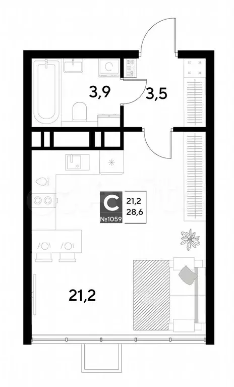 Квартира-студия, 28,6 м, 20/21 эт. - Фото 0