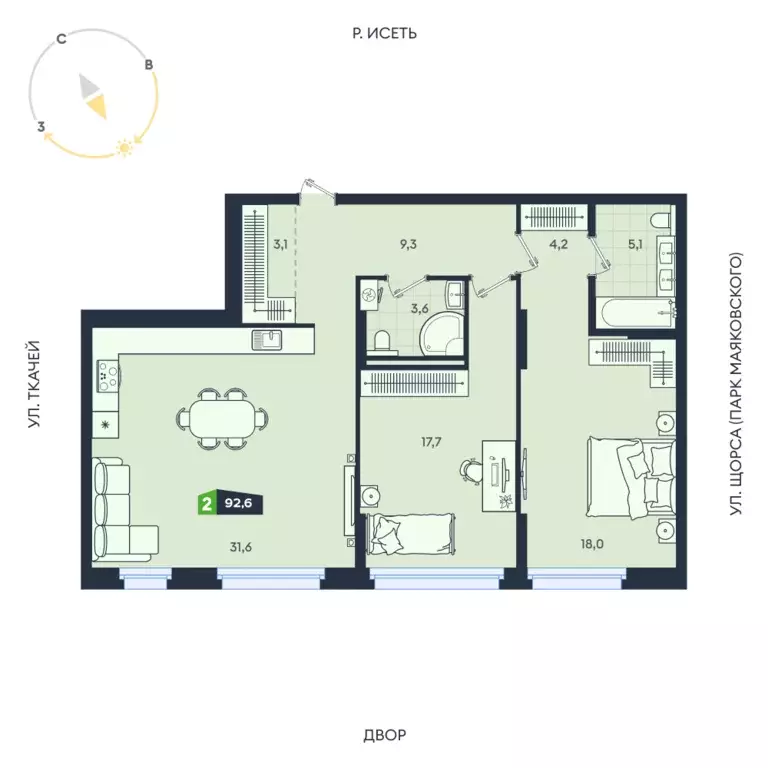 2-к квартира, 92.6 м - Фото 0