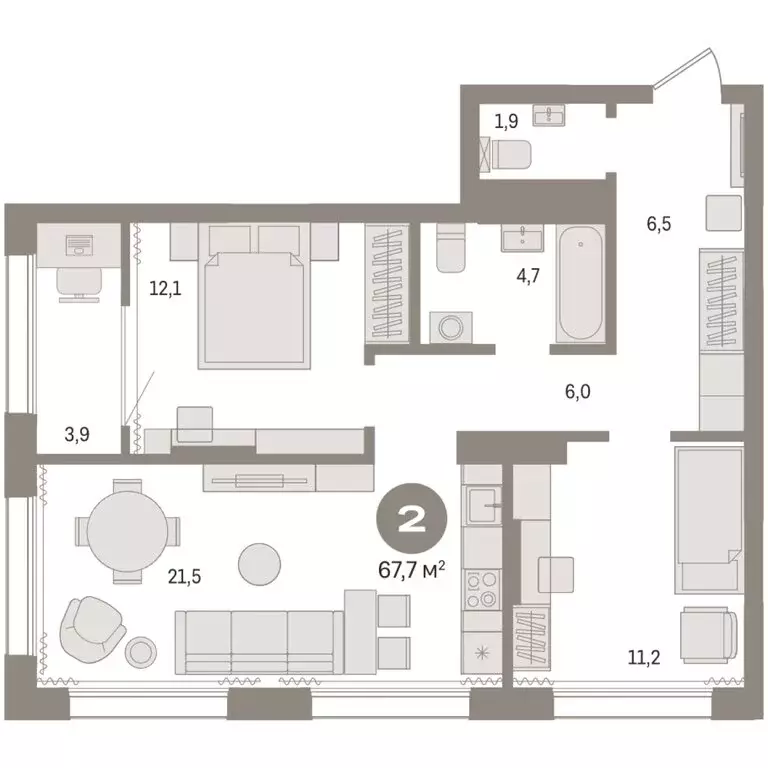 2-комнатная квартира: Тюмень, Краснооктябрьская улица, 4к3 (67.73 м) - Фото 1