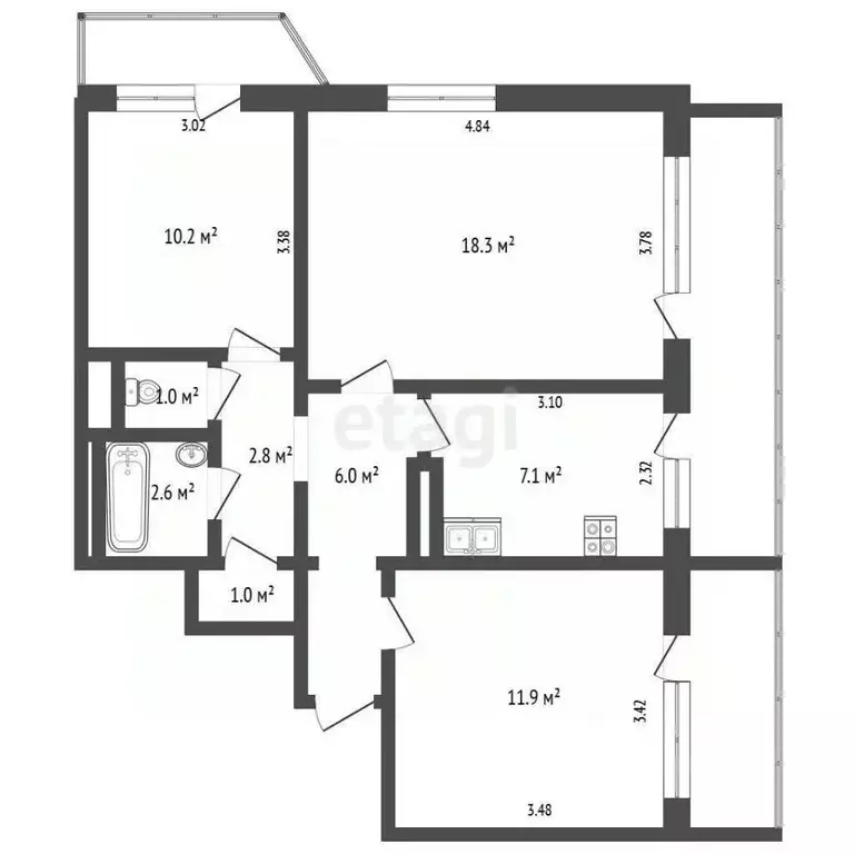 3-к кв. Севастополь ул. Павла Корчагина, 2 (60.9 м) - Фото 2