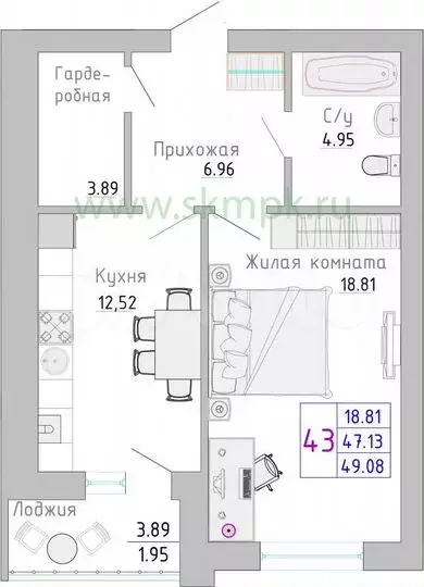 1-к. квартира, 49,1 м, 1/7 эт. - Фото 1