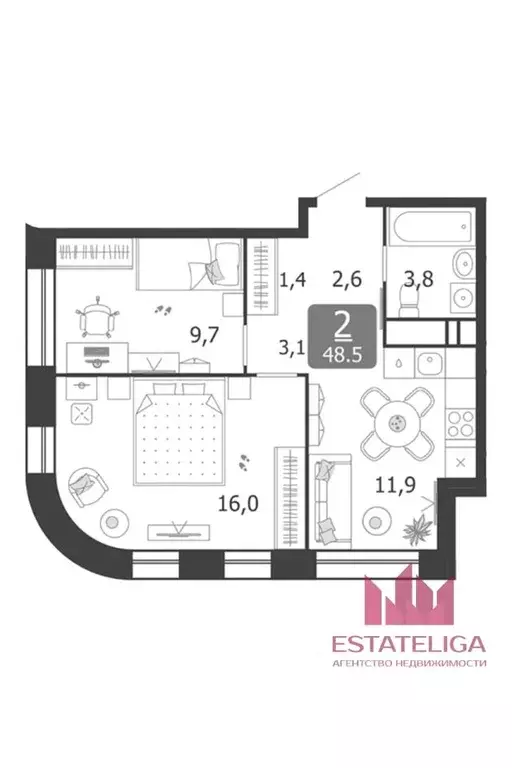 2-к кв. Москва 3-я оч., Шагал жилой комплекс, к4.3 (48.5 м) - Фото 1